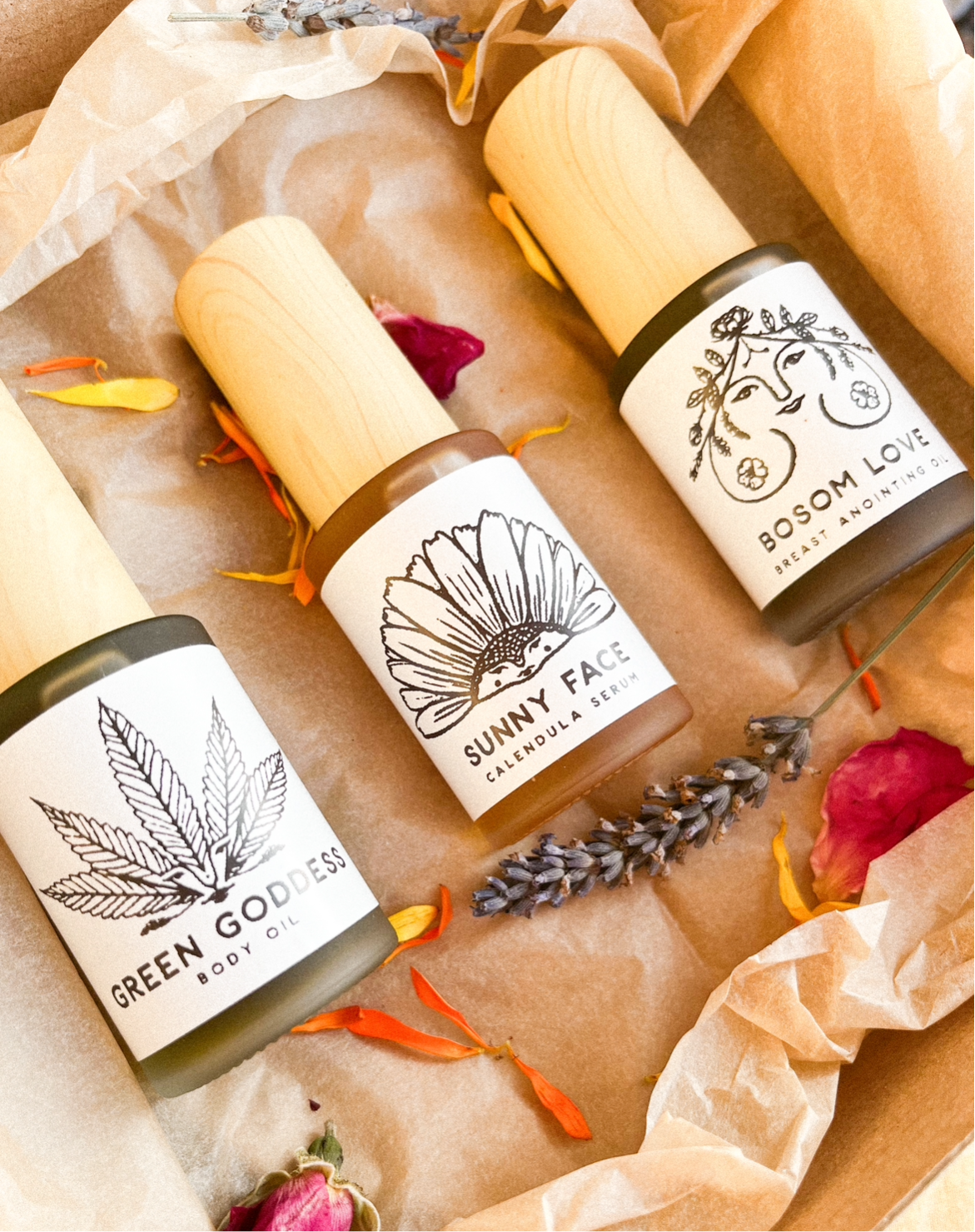 three labeled bottles of herbal infused body oils